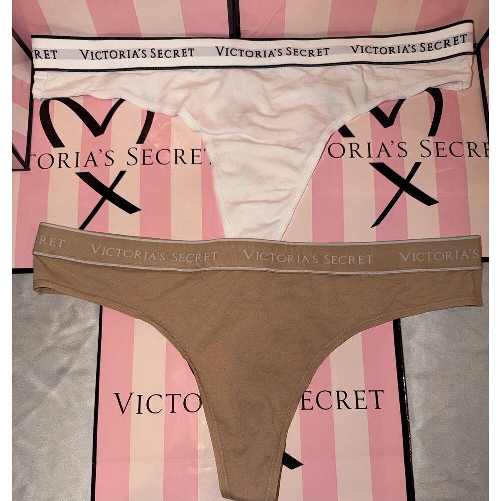 Victorias Secret Thong Logo Band 2 Pair XL Rare White & Beige